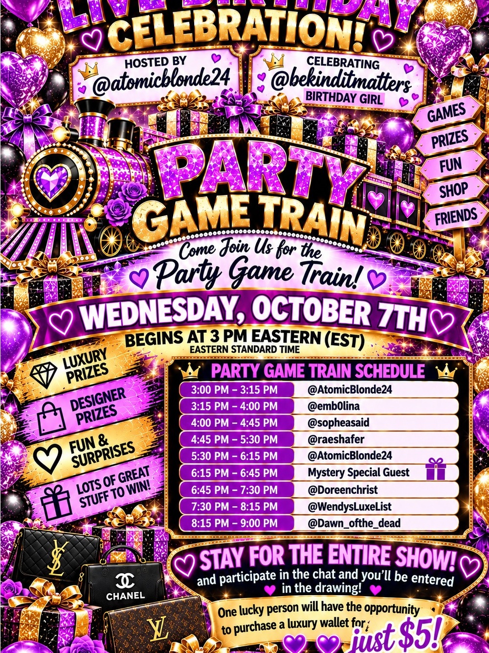Oct 7th Beginning @3:00 est party Game Train birthday celebration begins